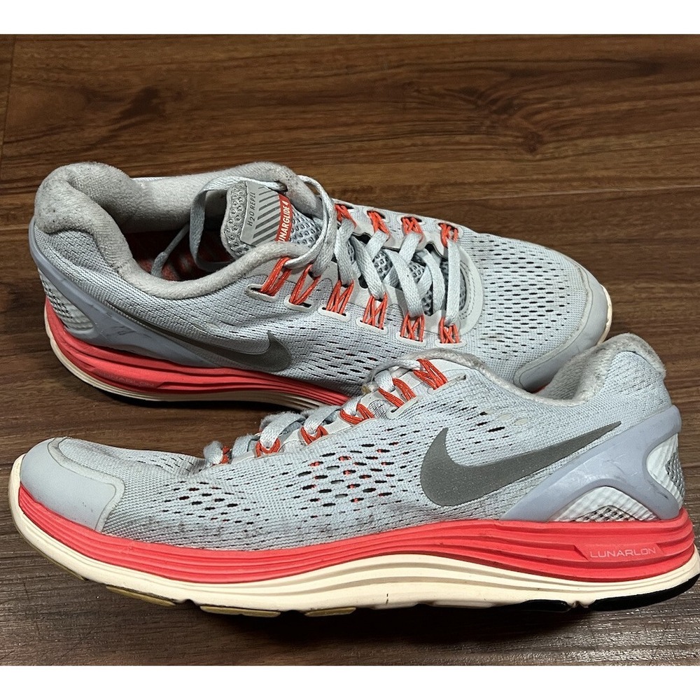 Nike Lunarglide 4 + H2O Repel Womens Gray Salmon Lace Up Running‎ Shoes Size 8.5